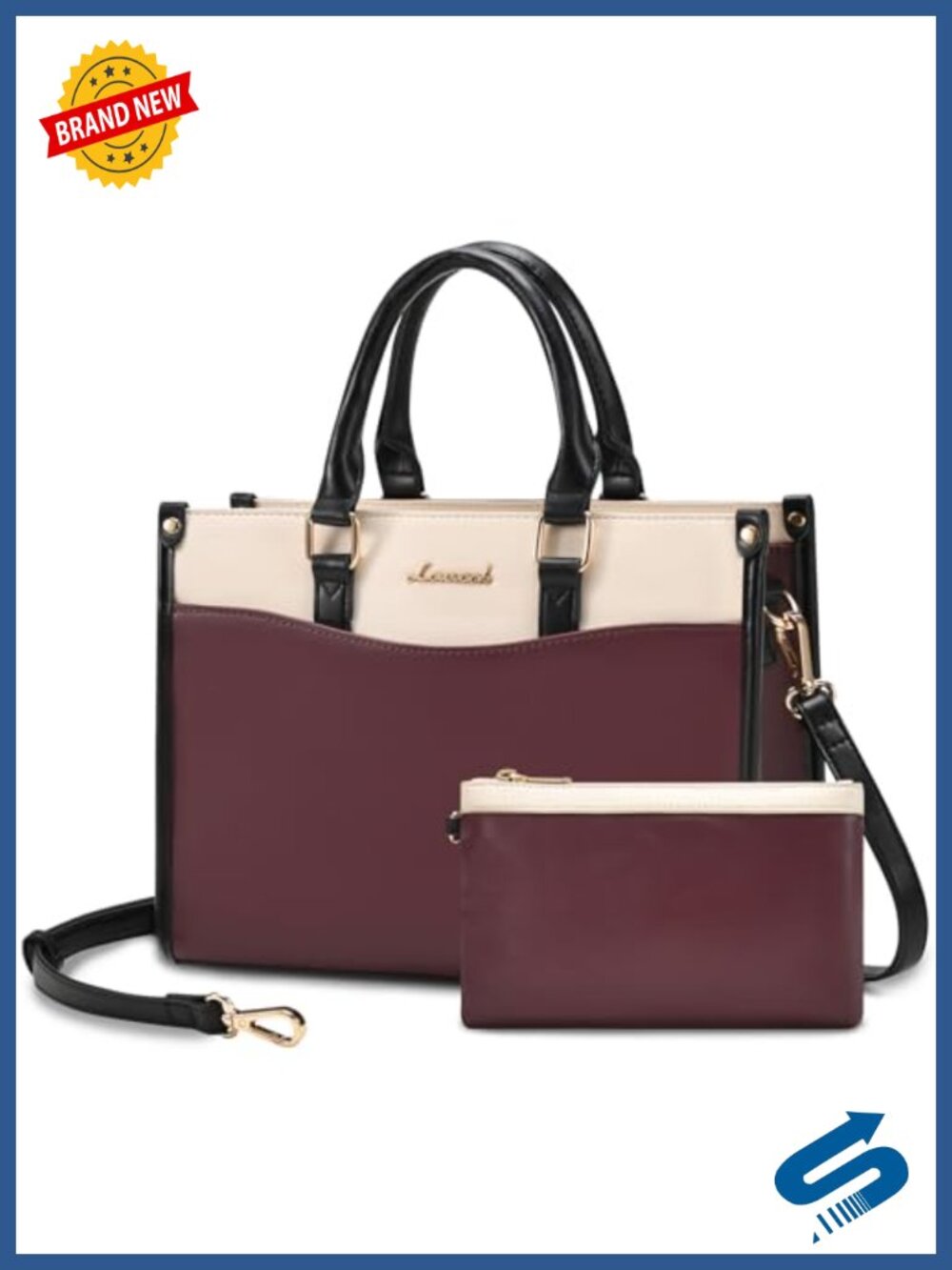Vegan Leather Satchel Tote Purse with Wristlet Clutch Crossbody Work Bag
